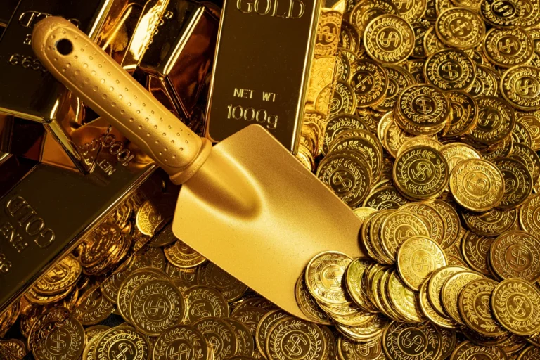 golden shovel scooping up piles of gold coins